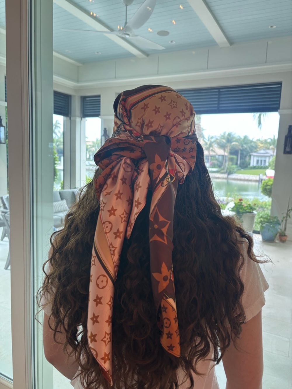 Luxury Brown Patterned Silk Headscarf - Picture 9 of 12
